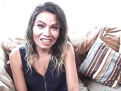 Gorgeous inked Mexican TS fingers her ass on casting couch