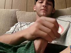 Skinny straight guy facializes himself after jerking off